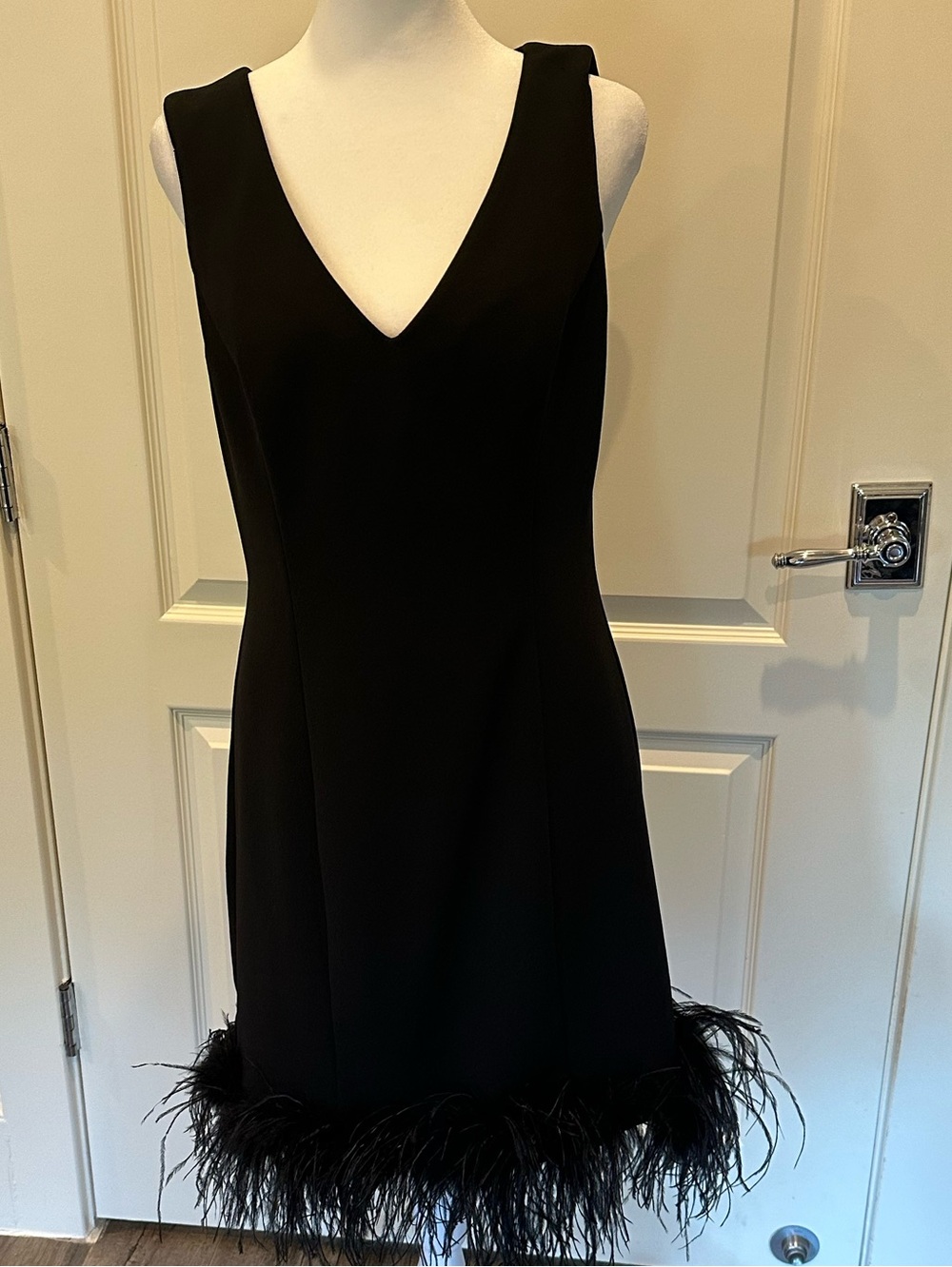 Black Feather-Hem V-Neck Cocktail Dress
